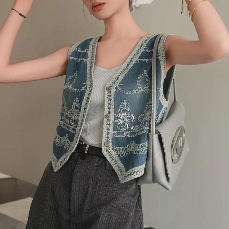 Atasan Rompi Denim Berhias den - Embroidery Embellishments ulasan dan harga