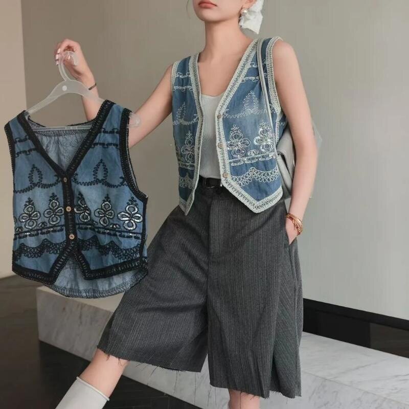 Atasan Rompi Denim Berhias den - Embroidery Embellishments ulasan dan harga