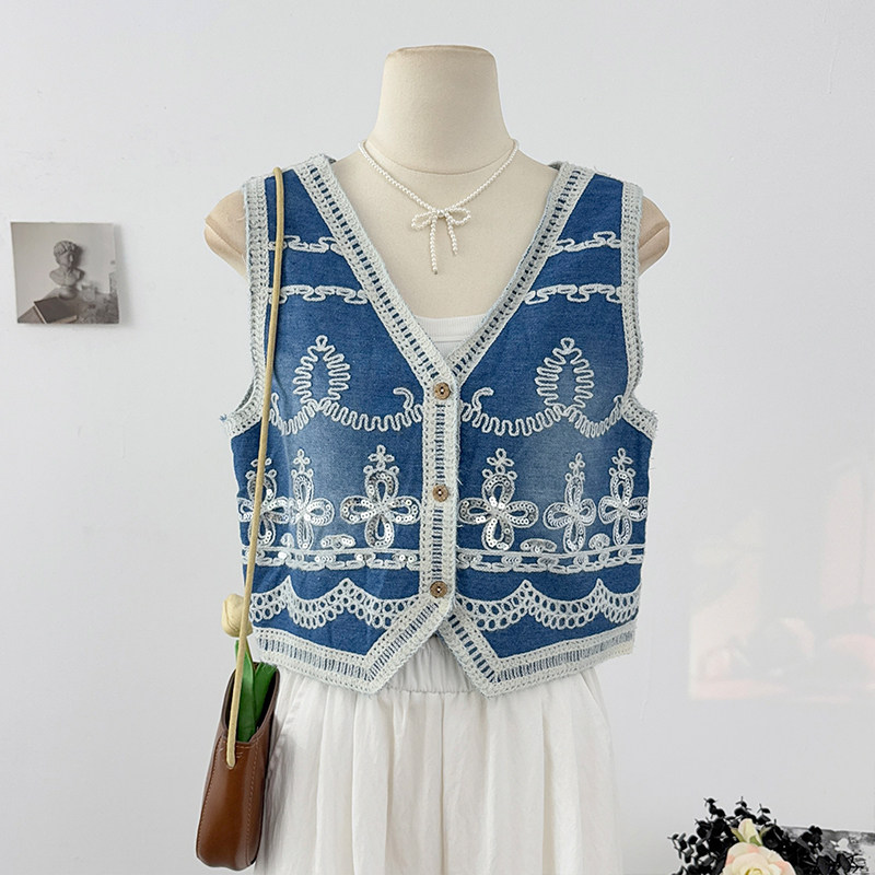 Atasan Rompi Denim Berhias den - Embroidery Embellishments ulasan dan harga